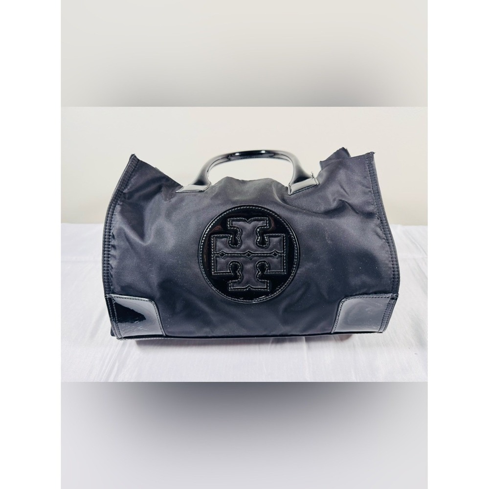 Tory Burch Ella Mini Tote Black Nylon Patent Leather Trim Handbag Logo Bag
